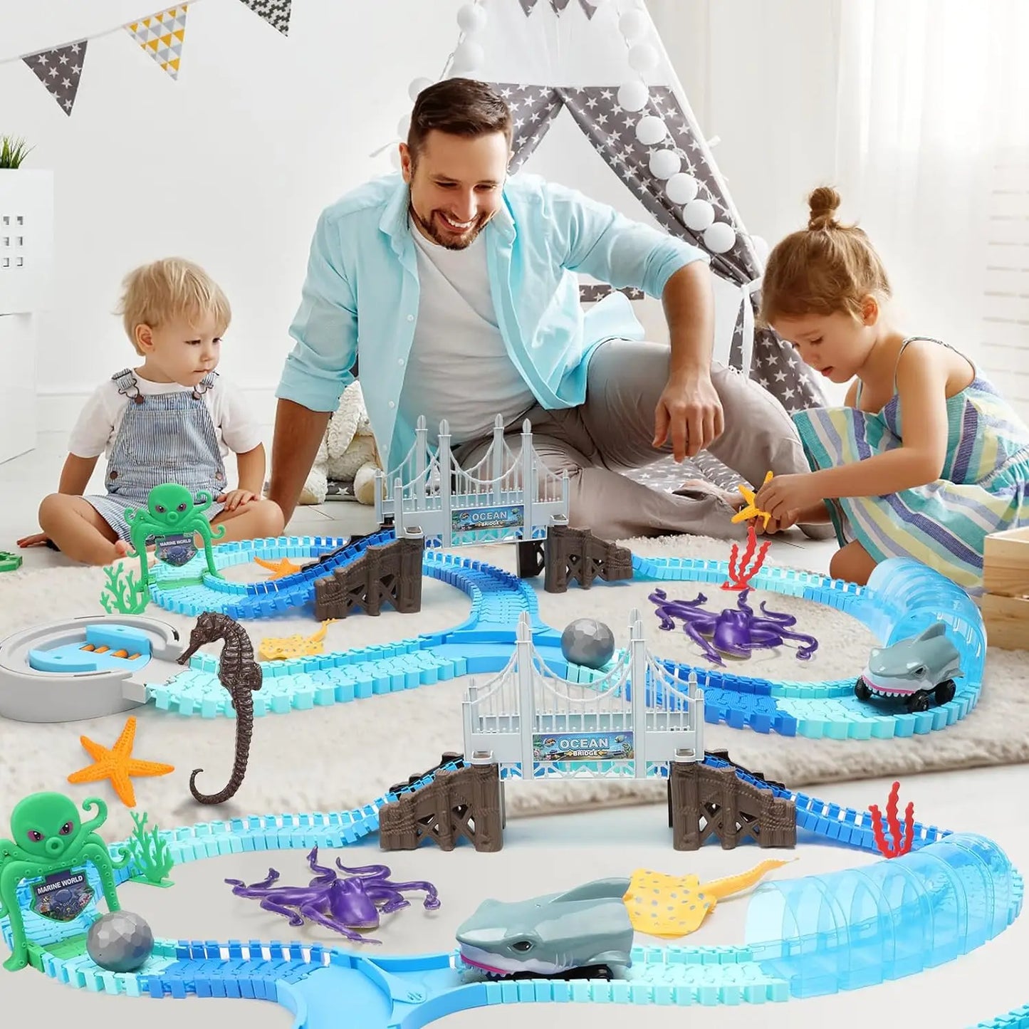 VATOS Track Toys Shark Race Car Toy for Boys Girls Age 3+ Bendable Flexible Racetrack Cars Ocean Train Toy STEM Educate Kid Set - Pape'sShop