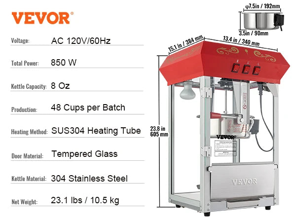 VEVOR Commercial Popcorn Machine, 8/12 Oz Kettle, Countertop Popcorn Maker ,Theater Style Popper with 3-Switch Control , Red