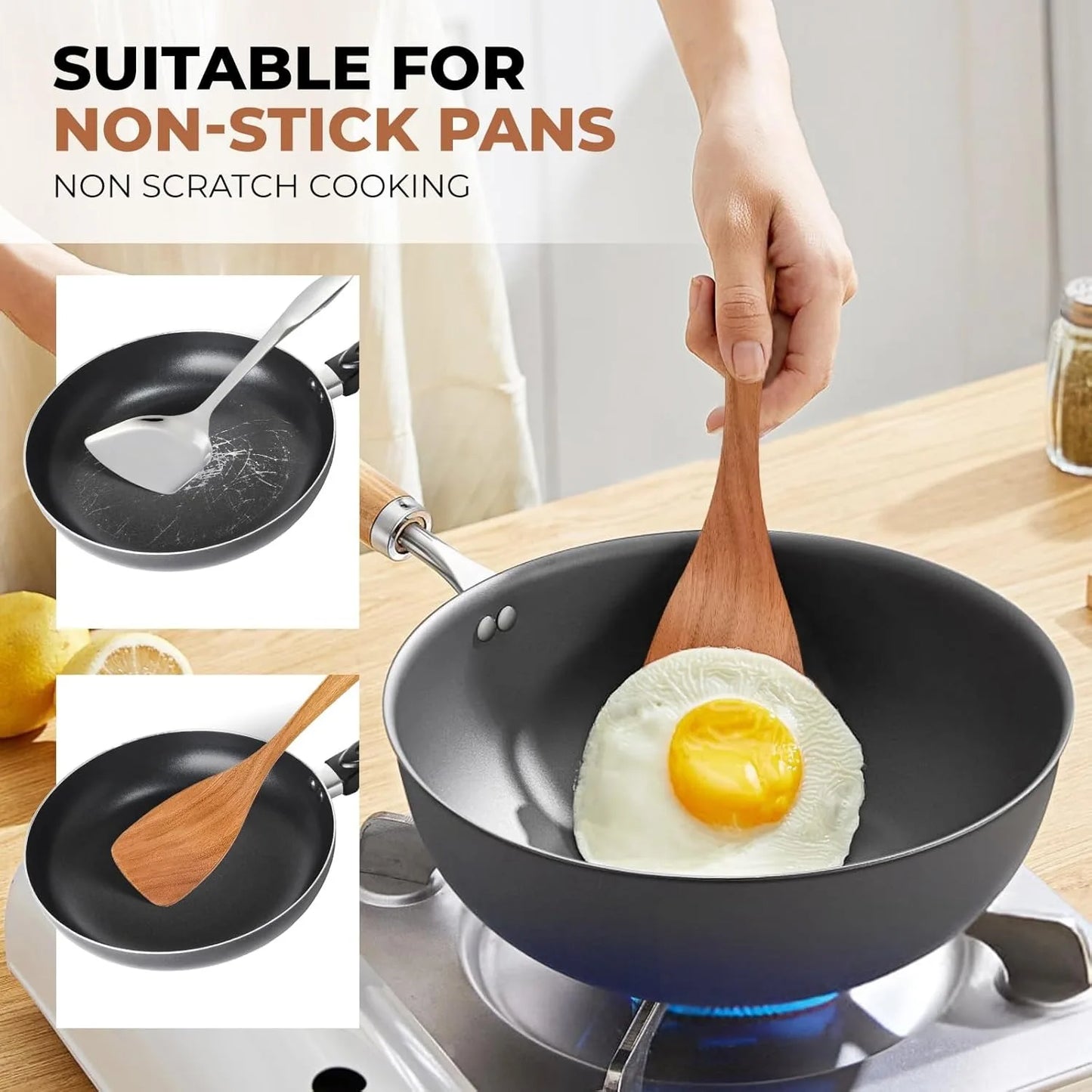 Wooden Kitchen Utensils Set, Smooth Finished Wooden Spoons for Cooking, Natural Teak Cooking Utensils Set for Nonstick Pans - Pape'sShop