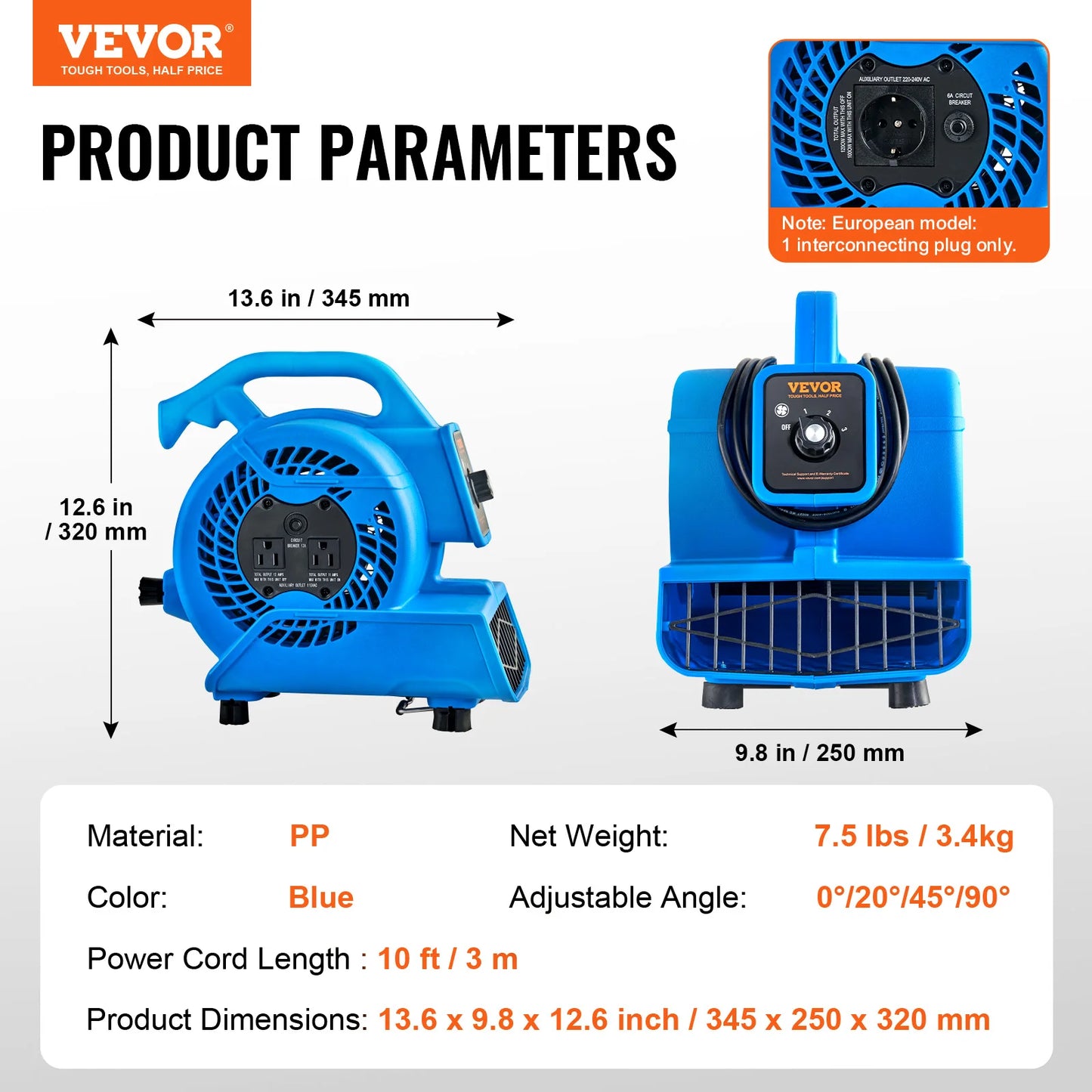 VEVOR Floor Blower 1360 RPM 600 CFM Air Mover for Drying and Cooling Portable Dryer Fan for Janitorial Home Plumbing Commercial