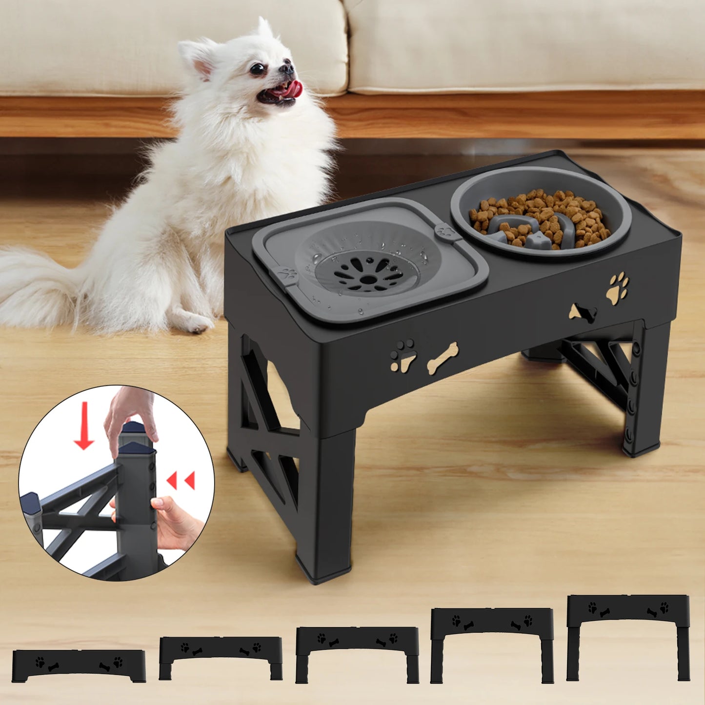 3 In 1 Pet Feeder Slow Feed Bowls Double Bowls Foldable With 5 Adjustable Height Suitable For Pets Of Different Heights - Pape'sShop