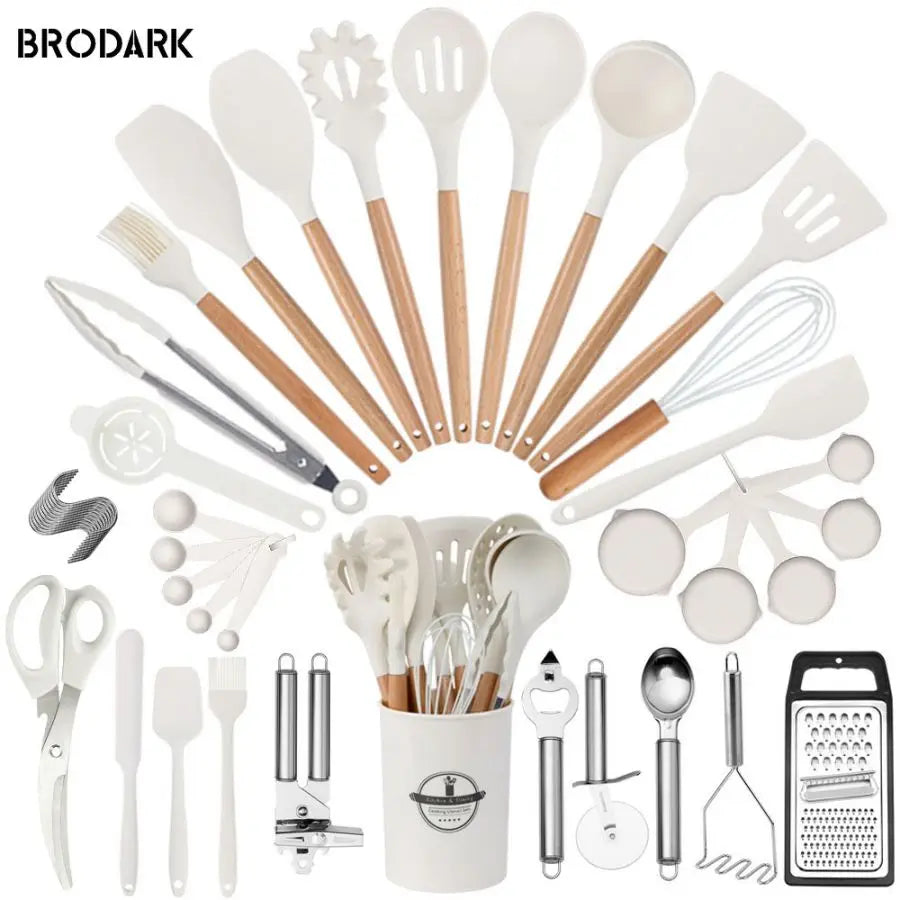 44pcs Premium Silicone Kitchen Utensil Set With Wooden Handles And Knife - Heat-Resistant, Non-Stick Friendly Cooking To - Pape'sShop