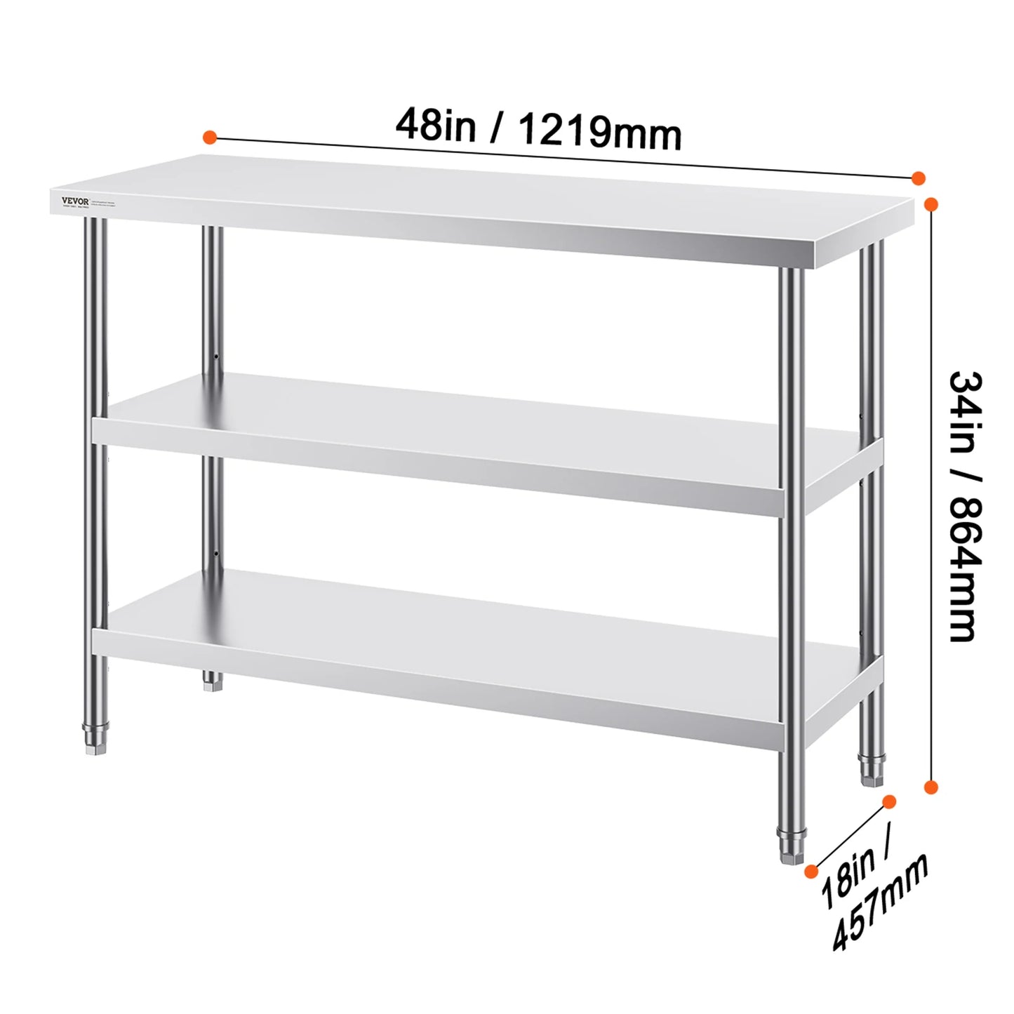 VEVOR Stainless Steel Food Prep Table Commercial Kitchen Worktable with 2 Adjustable Undershelf for BBQ Kitchen Home and Garage