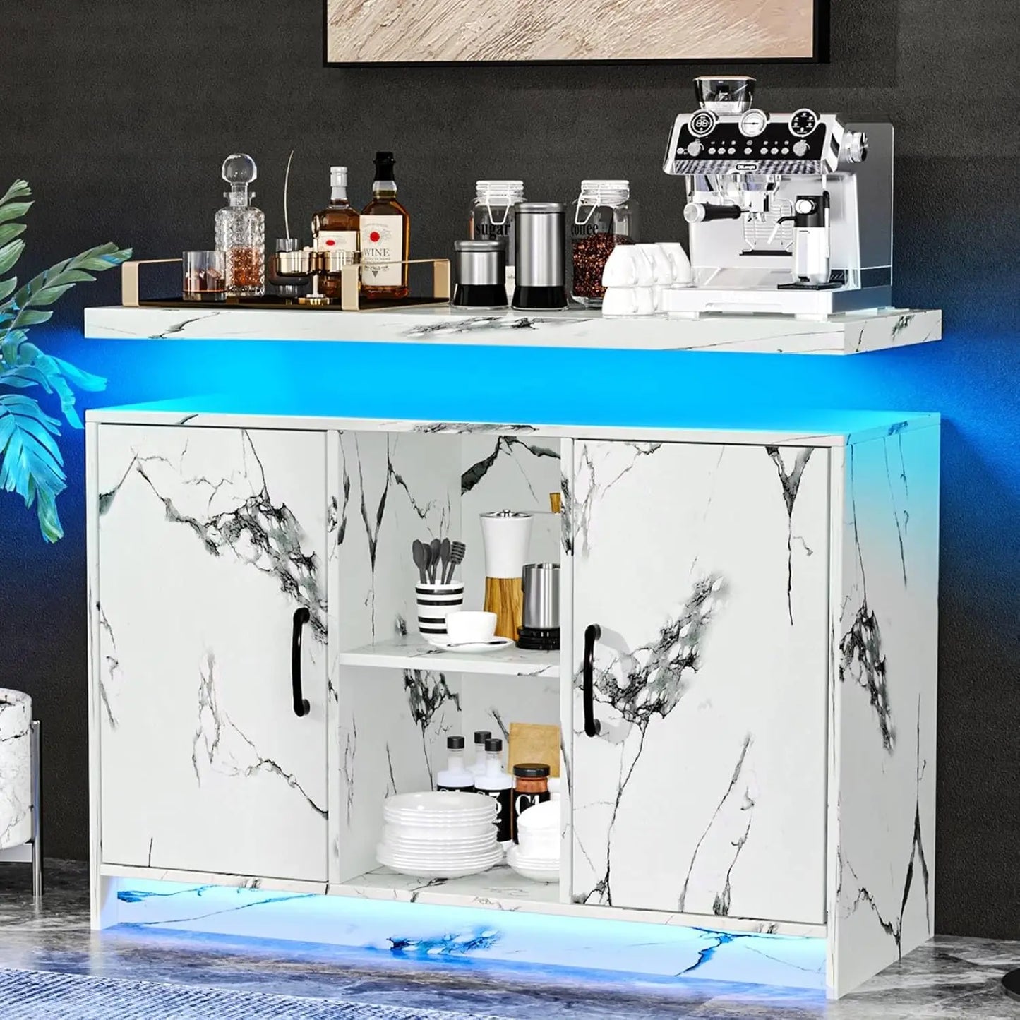 LED Lights Coffee Bar Cabinet with Storage, Sideboard Buffet Cabinet with Charging Station