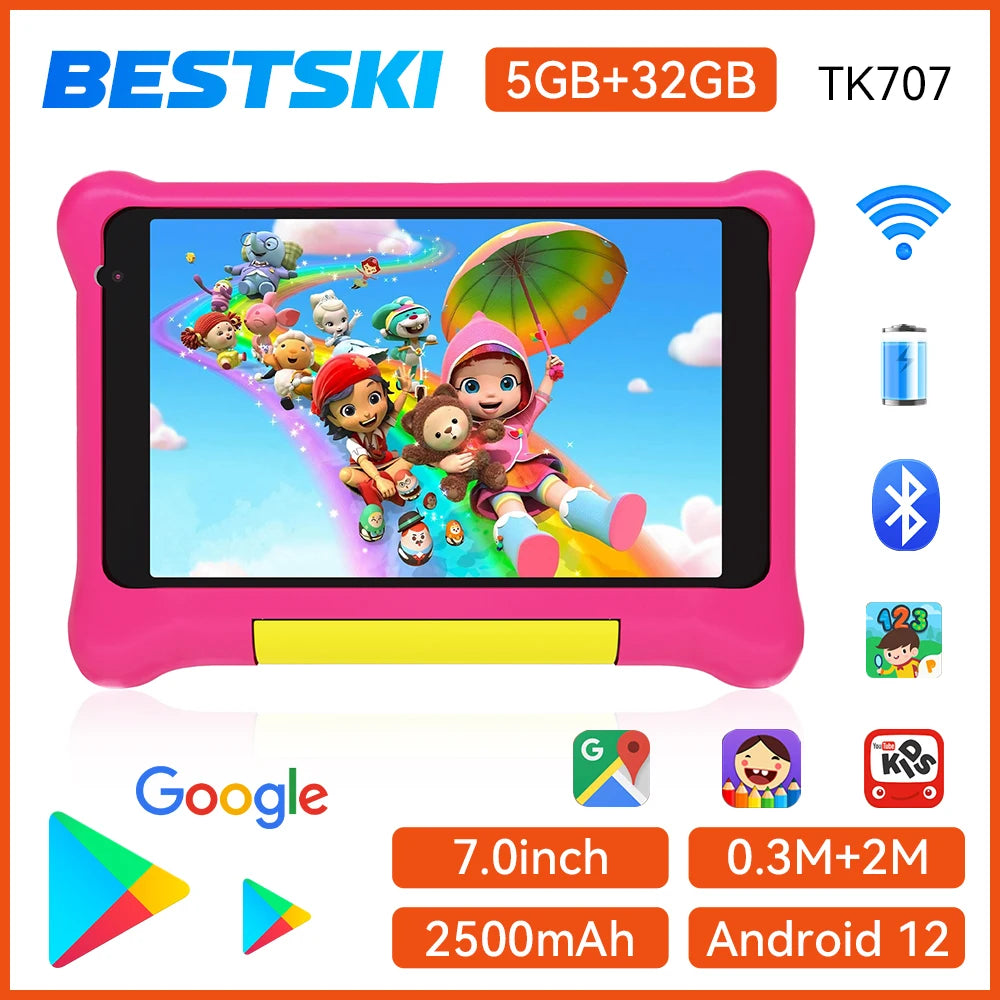 7Inch Kid Tablet Android13, 5GB RAM 32GB ROM,128GB Expand,WiFi,2500mAh Battery,Dual Camera, Children's Gift Kids Software,PK BDF - Pape'sShop