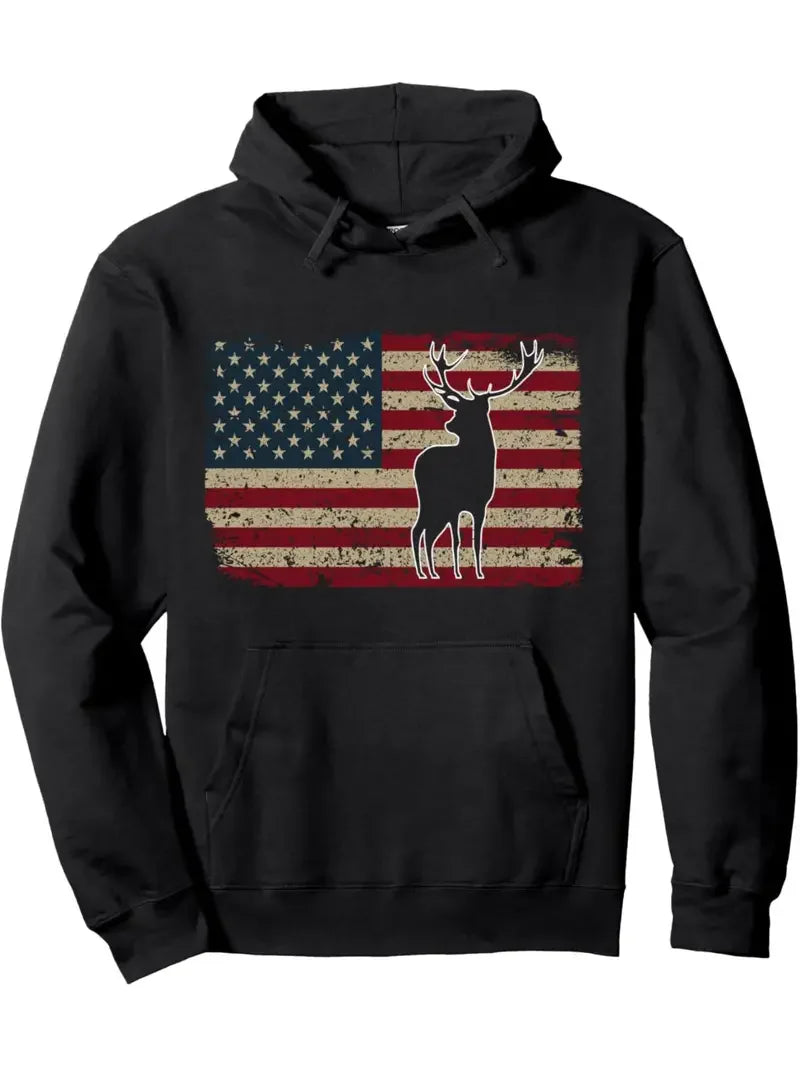 New Men's Hoodie, Elk American Flag American - Pape'sShop