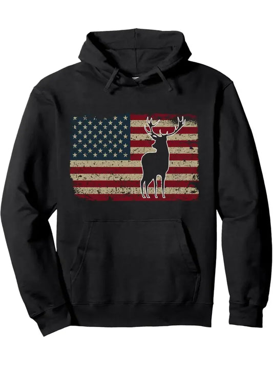 New Men's Hoodie, Elk American Flag American - Pape'sShop