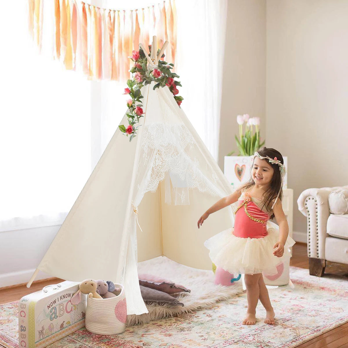 Kids Lace Teepee Tent Folding Children Playhouse W/Bag Home Outdoor Christmas - Pape'sShop