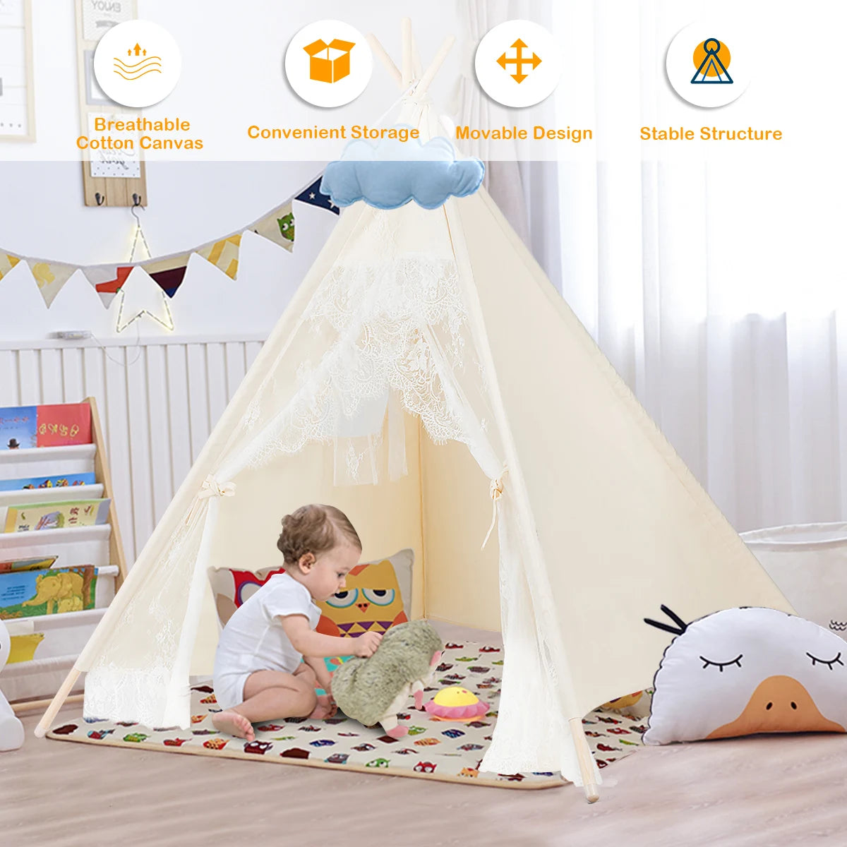 Kids Lace Teepee Tent Folding Children Playhouse W/Bag Home Outdoor Christmas - Pape'sShop