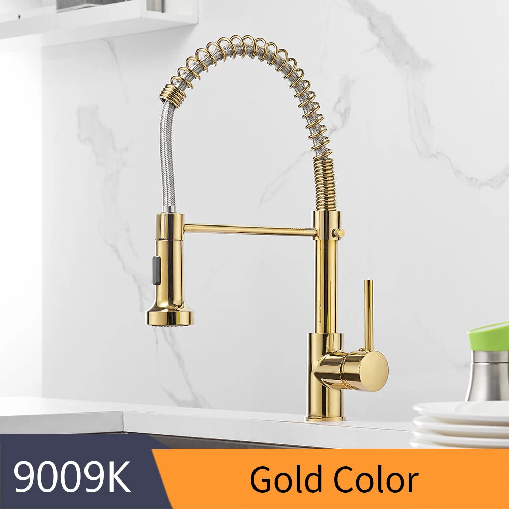 Kitchen Faucets Brush Brass Faucets for Kitchen Sink  Single Lever Pull Down Spring Spout Mixers Tap Hot Cold Water Crane 9009
