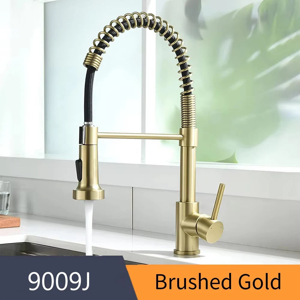 Kitchen Faucets Brush Brass Faucets for Kitchen Sink  Single Lever Pull Down Spring Spout Mixers Tap Hot Cold Water Crane 9009