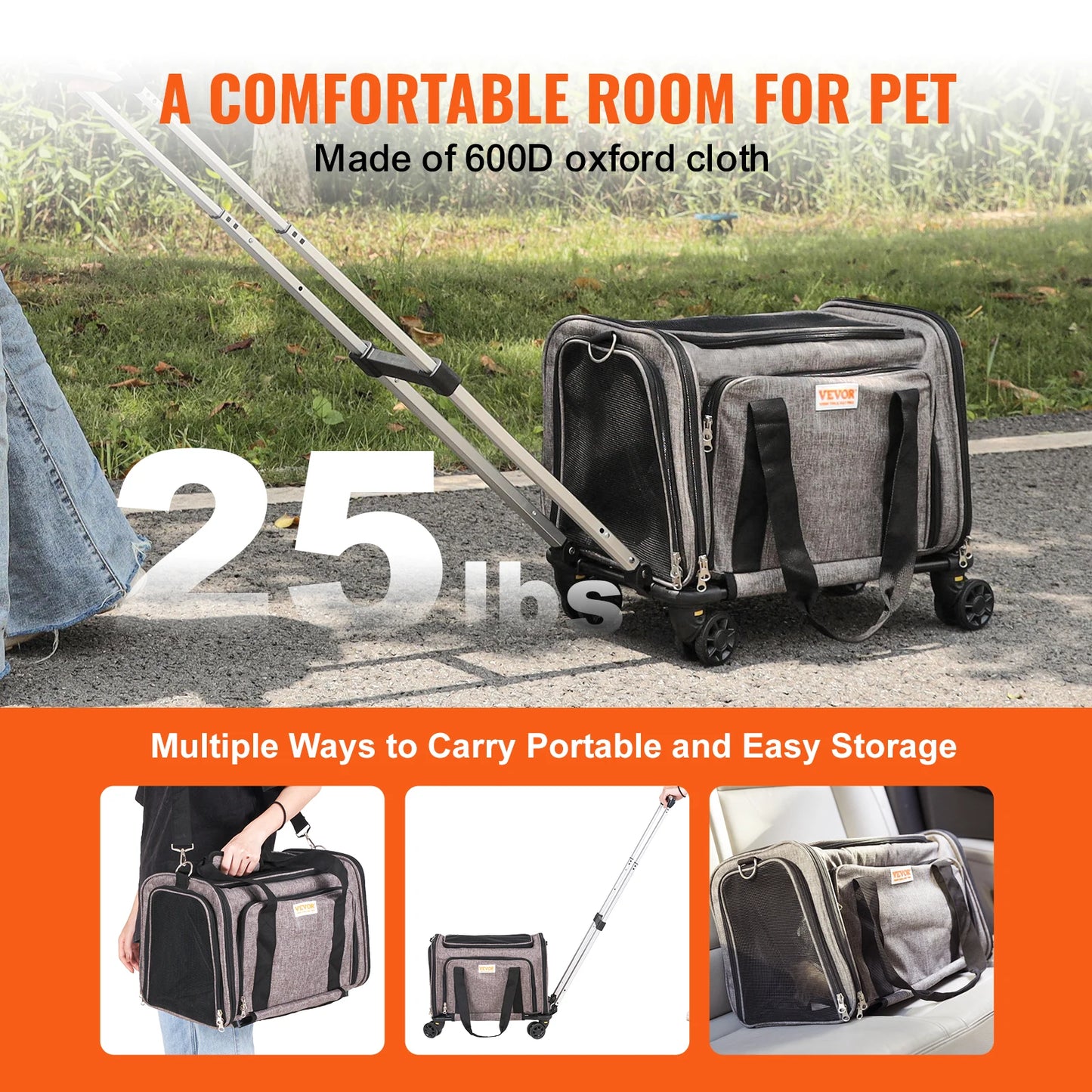 VEVOR Pet Cat Carrier Breathable Outgoing Dog Carry Backpack with Telescopic Handle Wheels and Shoulder Strap for Travel Trip - Pape'sShop