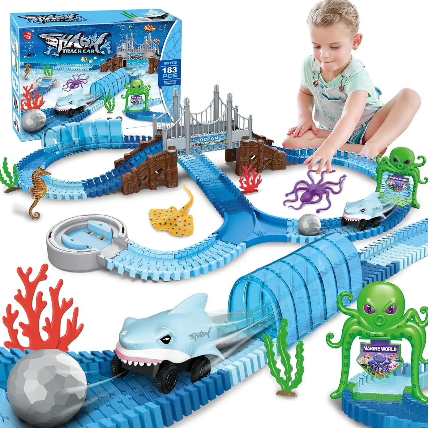 VATOS Track Toys Shark Race Car Toy for Boys Girls Age 3+ Bendable Flexible Racetrack Cars Ocean Train Toy STEM Educate Kid Set - Pape'sShop