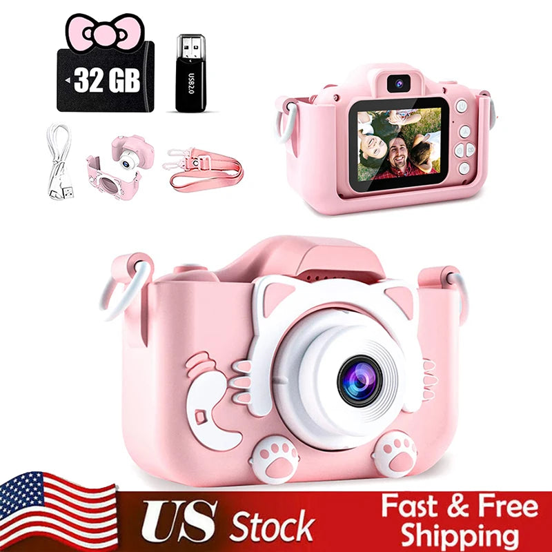 Kids Camera Toys Mini Camera Kids Digital Camera With Video Cartoon Soft Silicone Cover 32GB SD Card For Boy Girl Christmas Gift - Pape'sShop