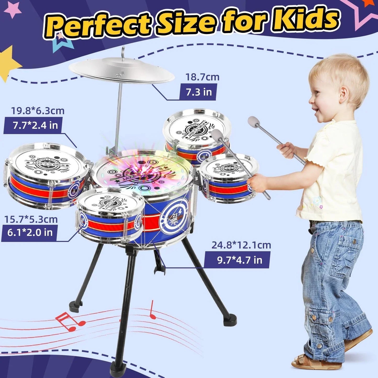 Unisex 3-5 Years Toy Musical Instruments with Stool Drum Sticks, Metal Plastic Blue - Pape'sShop