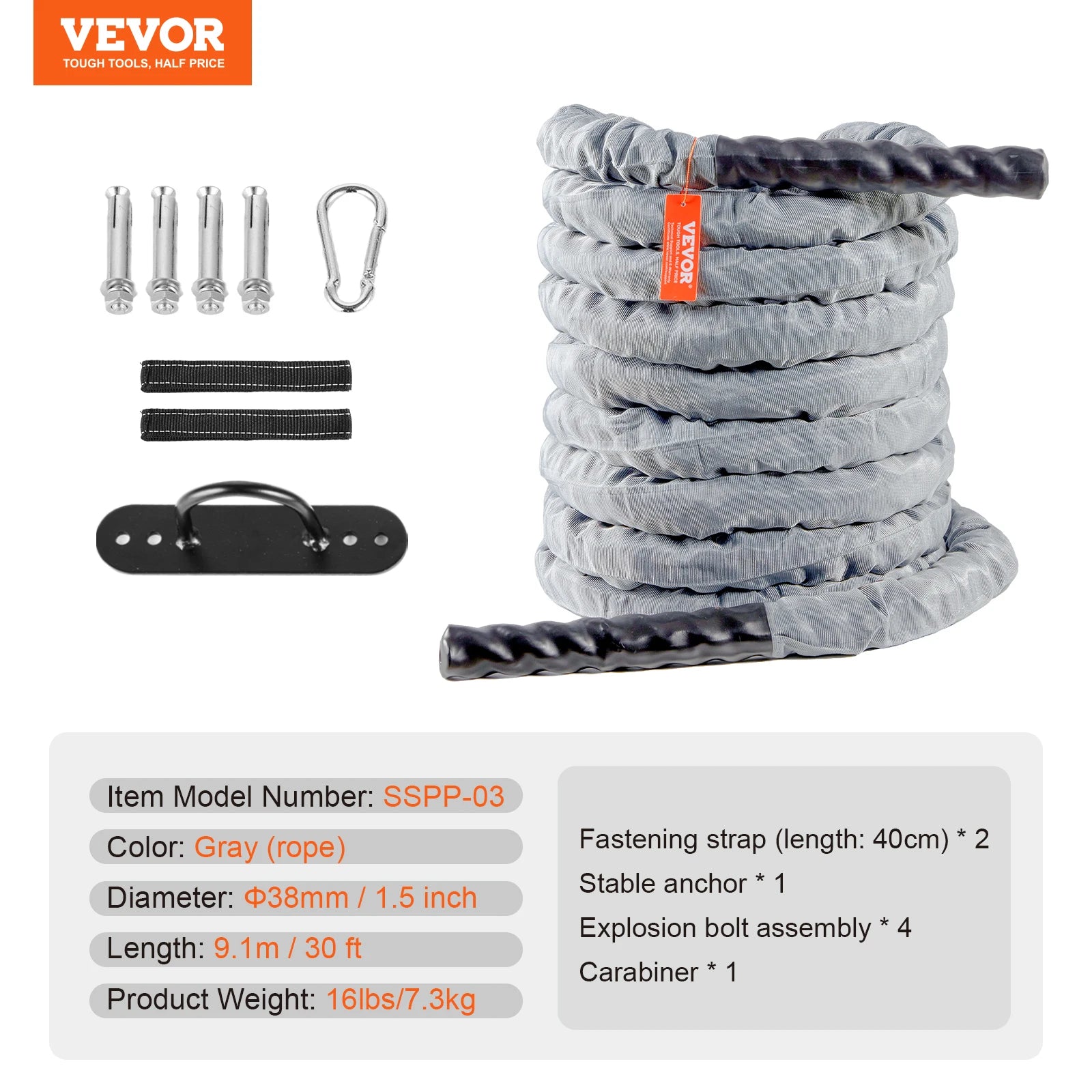 VEVOR Battle Rope Polyester Exercise Rope with Sleeve and Anchor - Pape'sShop