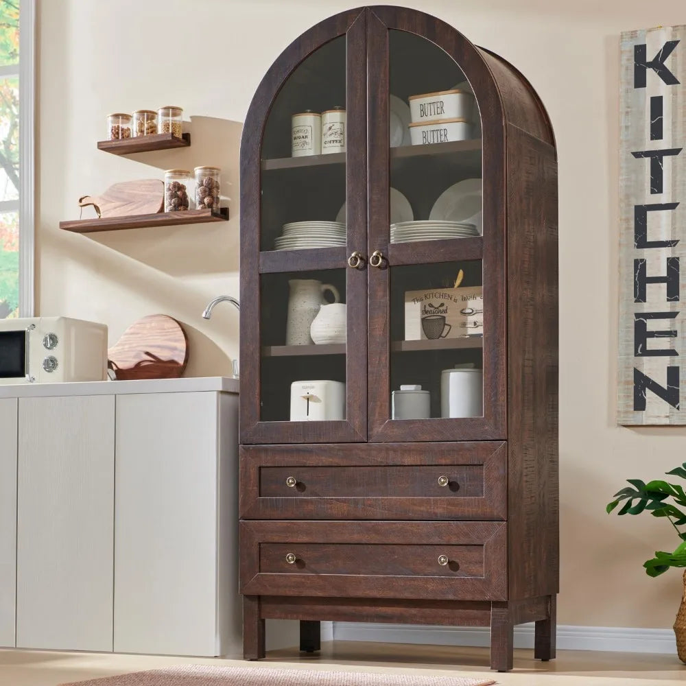 71" Tall Arched Kitchen Pantry Cabinet, Wood Kitchen Storage Cabinets with 2 Large Drawers and Adjustable Shelves