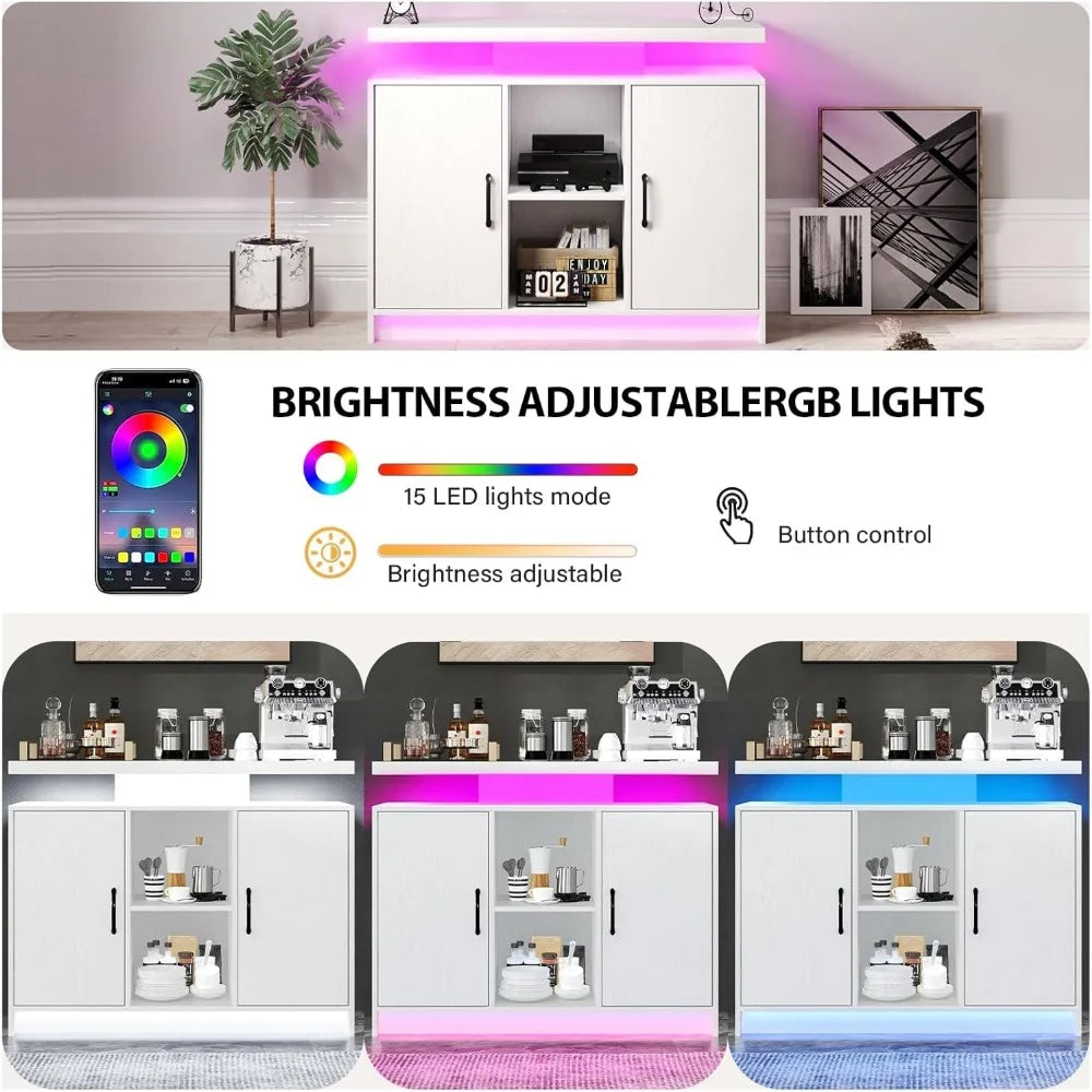 LED Lights Coffee Bar Cabinet with Storage, Sideboard Buffet Cabinet with Charging Station