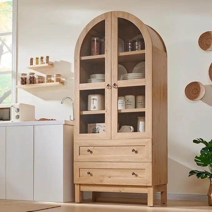 71" Tall Arched Kitchen Pantry Cabinet, Wood Kitchen Storage Cabinets with 2 Large Drawers and Adjustable Shelves