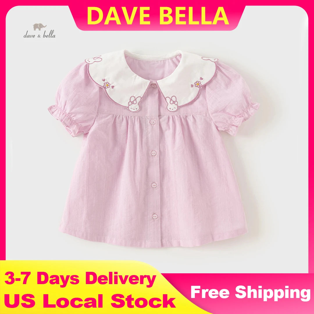 Dave Bella Children's Puff Shirt Sleeve Shirt Cute Cotton Summer Blouse for Girls Button-Down Top Party Clothes DB2243504 - Pape'sShop