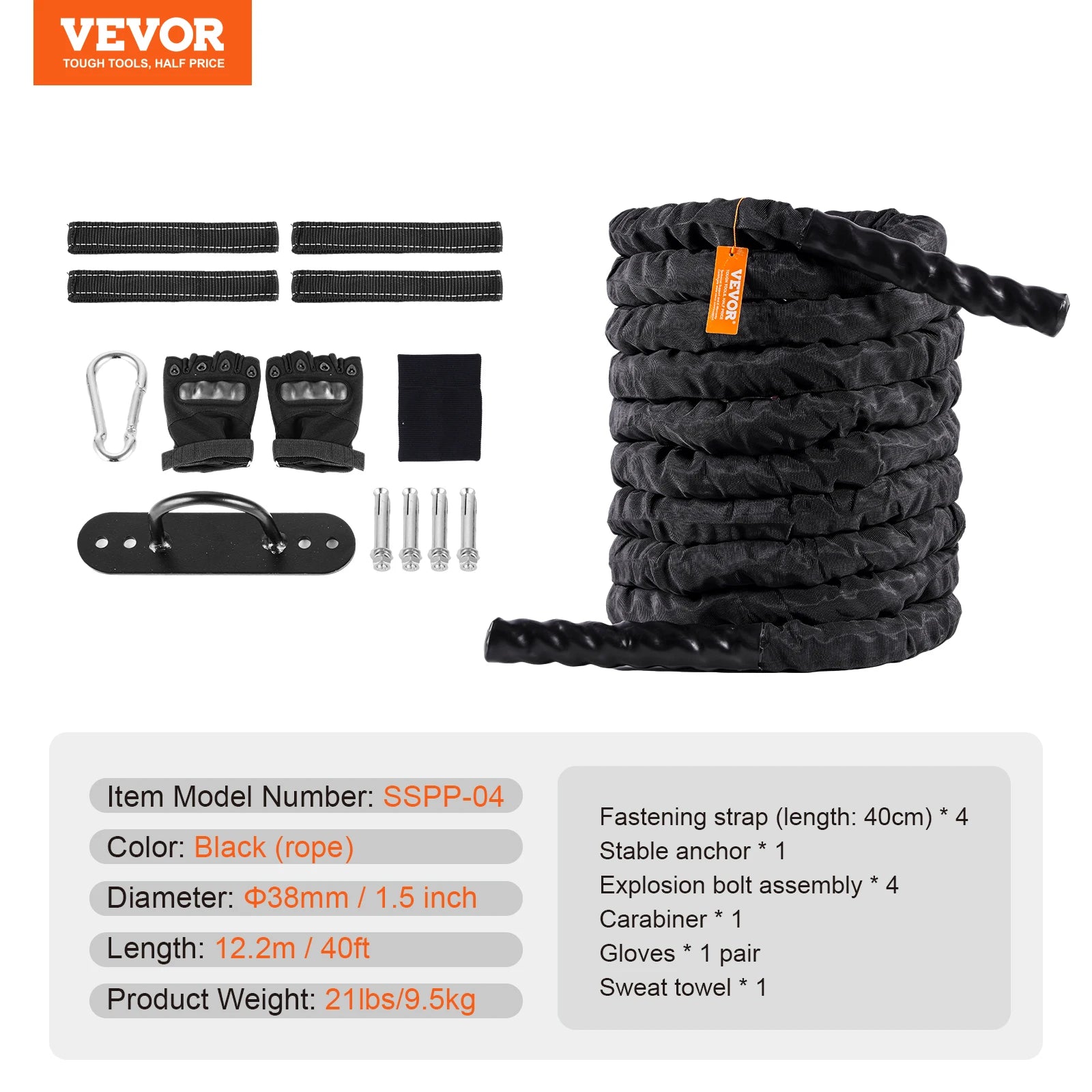VEVOR Battle Rope Polyester Exercise Rope with Sleeve and Anchor - Pape'sShop