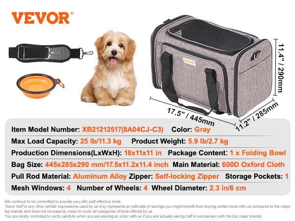 VEVOR Pet Cat Carrier Breathable Outgoing Dog Carry Backpack with Telescopic Handle Wheels and Shoulder Strap for Travel Trip - Pape'sShop