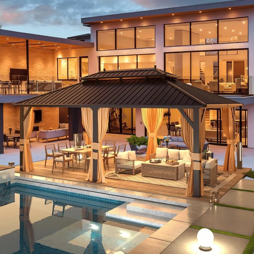 12'x20' Hardtop Gazebo, Galvanized Steel Metal Double Roof Aluminum Gazebo with Curtain and Netting,Pavilion with Aluminum Frame