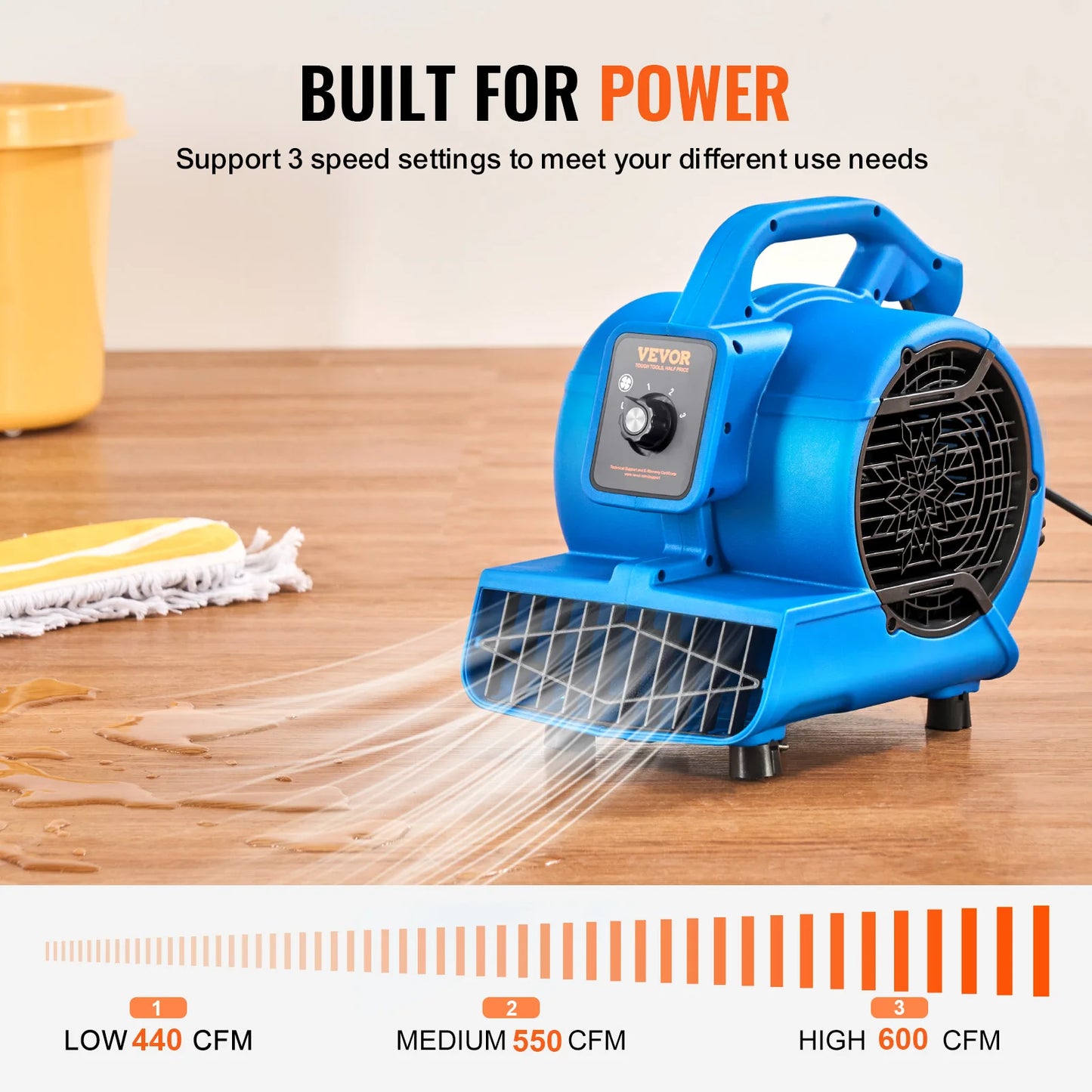 VEVOR Floor Blower 1360 RPM 600 CFM Air Mover for Drying and Cooling Portable Dryer Fan for Janitorial Home Plumbing Commercial