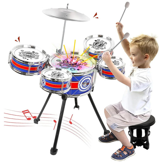 Unisex 3-5 Years Toy Musical Instruments with Stool Drum Sticks, Metal Plastic Blue - Pape'sShop