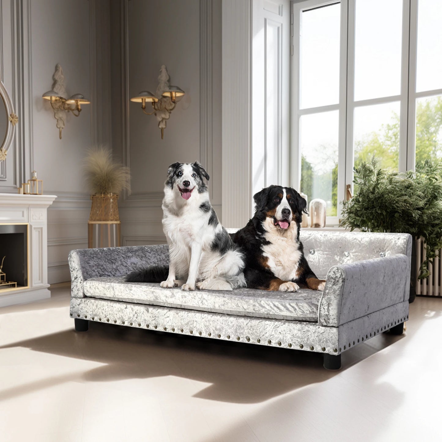 Luxury Velvet Tufted Dog Sofa Bed Large Elevated Pet Bed Upholstered Cushion Wooden Frame Raised Puppy Sofa Couch - Pape'sShop