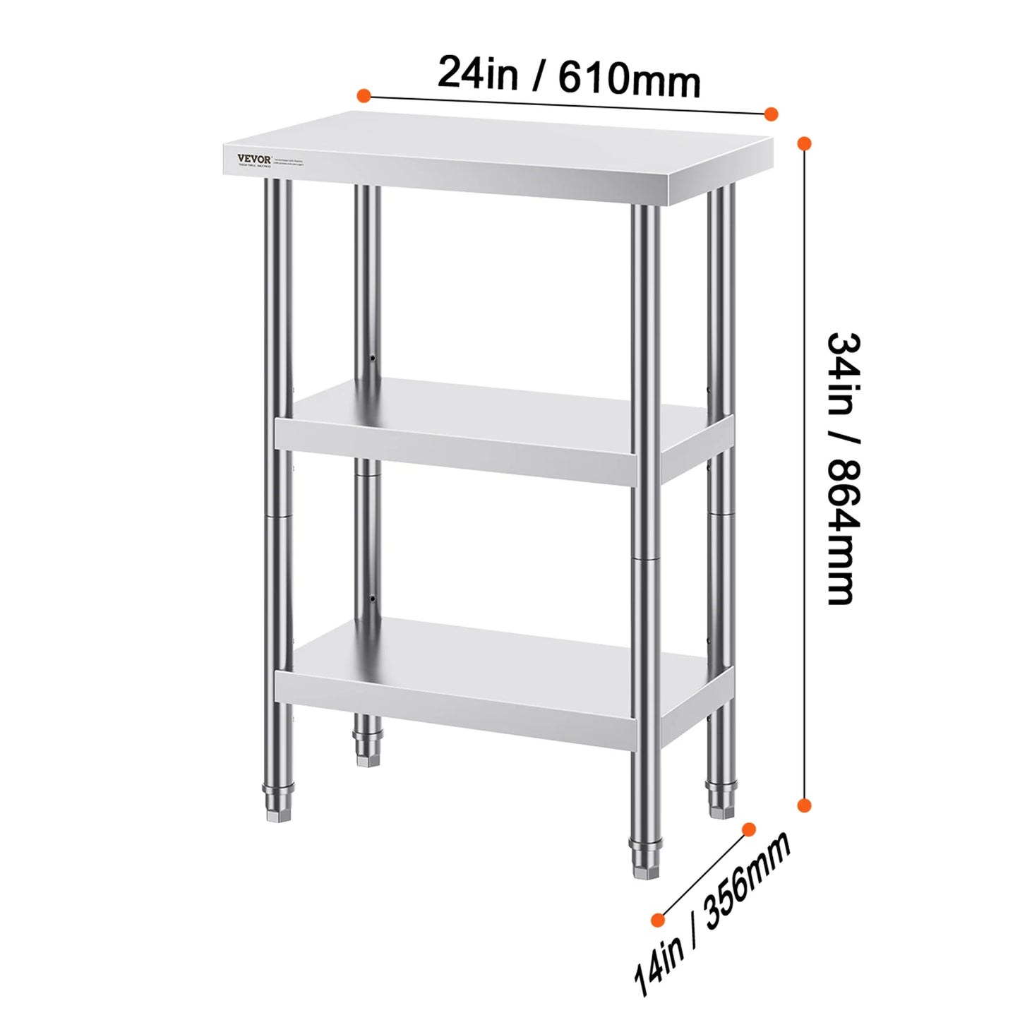 VEVOR Stainless Steel Food Prep Table Commercial Kitchen Worktable with 2 Adjustable Undershelf for BBQ Kitchen Home and Garage