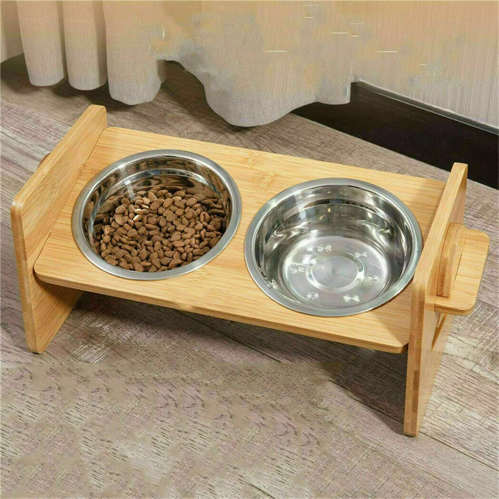 Elevated Dog Bowls with Stand Raised Dog Bowls 4 Heights Adjustable Dog Bowls Bamboo Dog Feeding Station 2 Stainless Steel Bowls - Pape'sShop