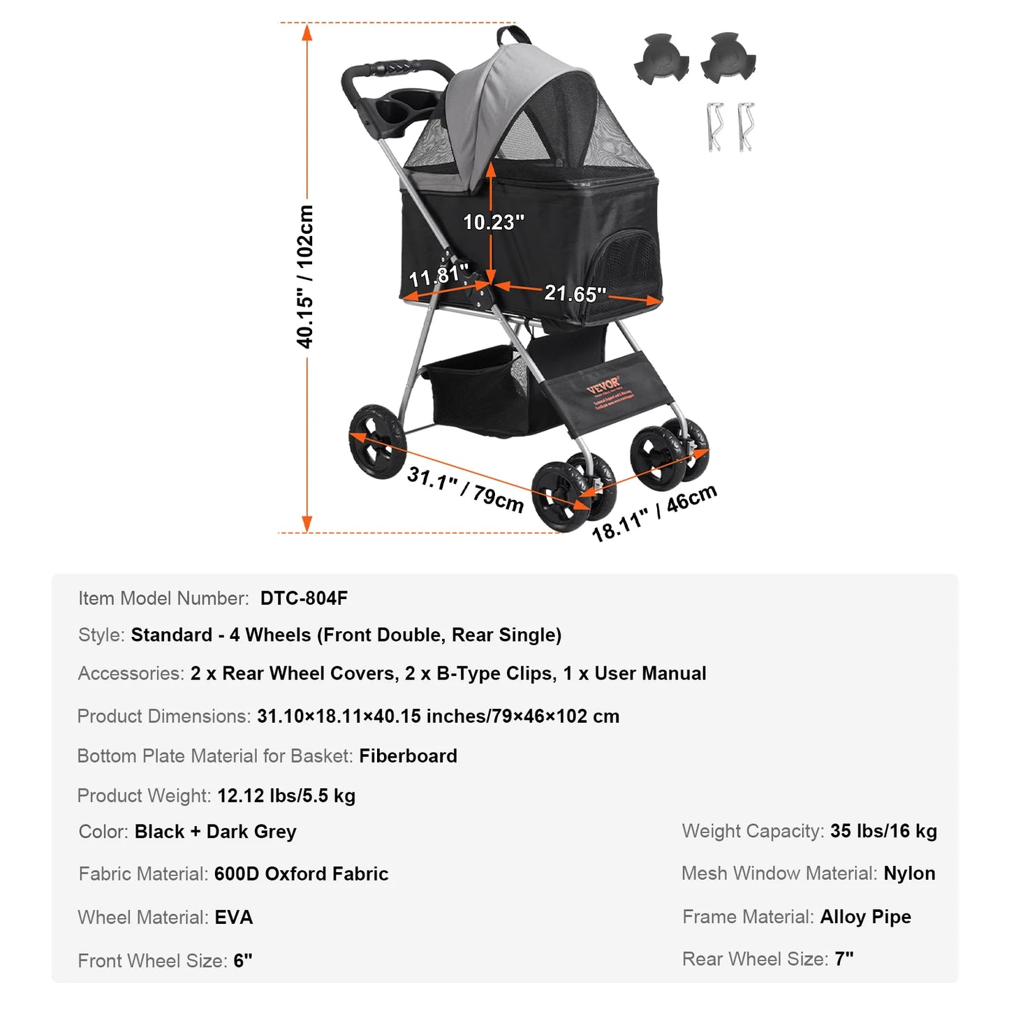 VEVOR Pet Stroller Carrier Dog Cat Strollers Lightweight Travel Rotate with Brakes Pet Pad Cup Holder for Puppy Dog Accessories - Pape'sShop