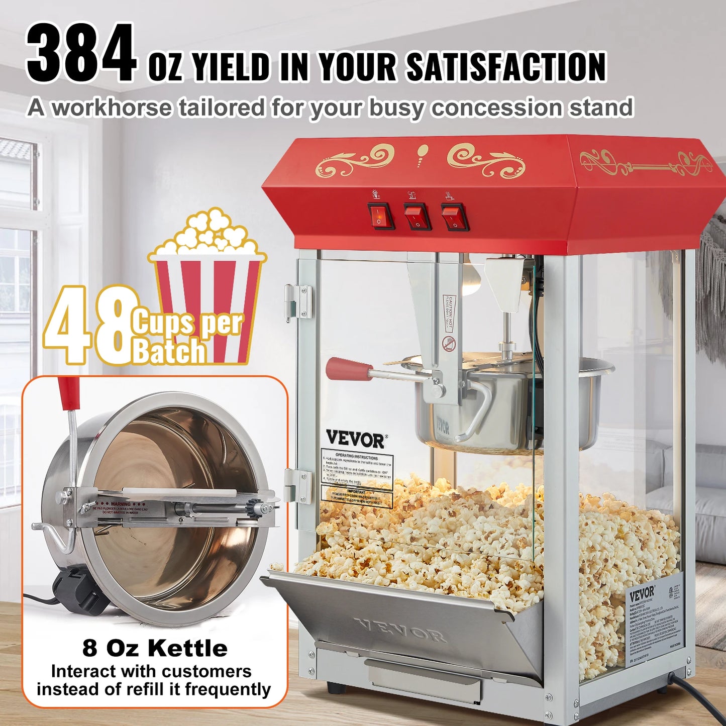 VEVOR Commercial Popcorn Machine, 8/12 Oz Kettle, Countertop Popcorn Maker ,Theater Style Popper with 3-Switch Control , Red