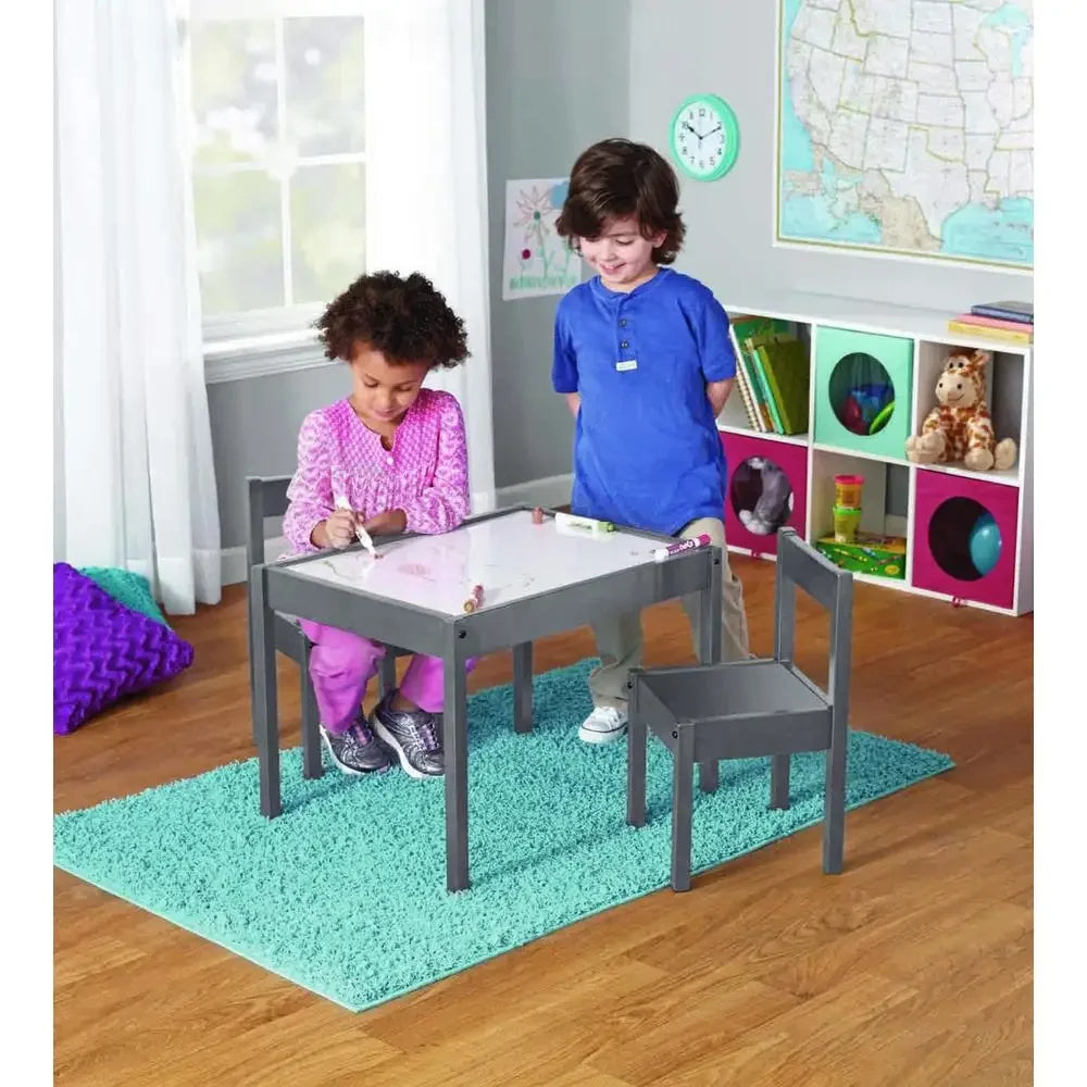 Child Table Chairs Set Grey Rubberwood Safety Round Edges Stable Easy Clean 1-5 Years Old Activity Space Immerse Promote