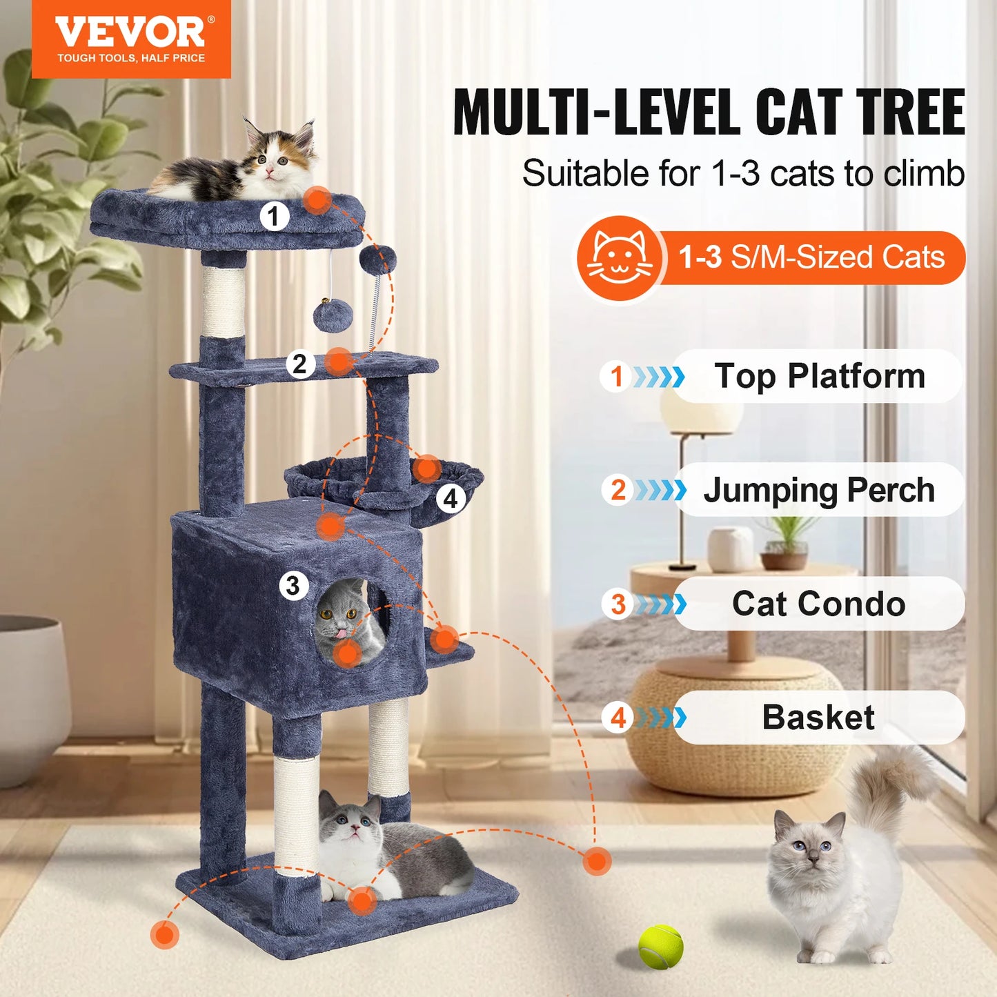 VEVOR Cat Tree for Indoor Cats 45.2" Cat Tower with Cat Condo Sisal Scratching Post HammockTop Perch Jumping Platforms Dark Grey - Pape'sShop