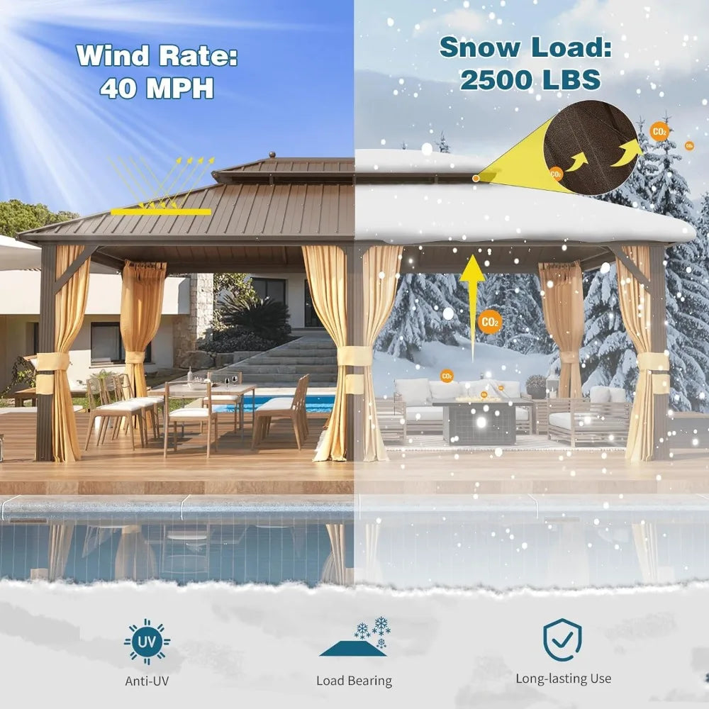 12'x20' Hardtop Gazebo, Galvanized Steel Metal Double Roof Aluminum Gazebo with Curtain and Netting,Pavilion with Aluminum Frame