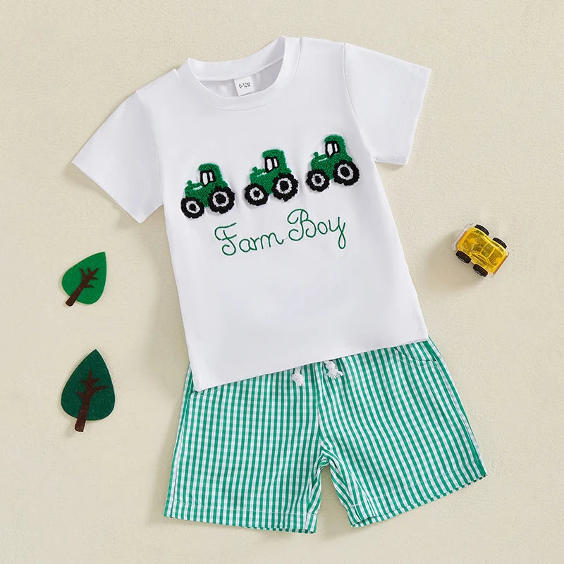 Boys 2-Piece Outfit Set with Dinosaur Print Short Sleeve T-Shirt and Elastic Waistband Denim Shorts for Toddlers - Pape'sShop