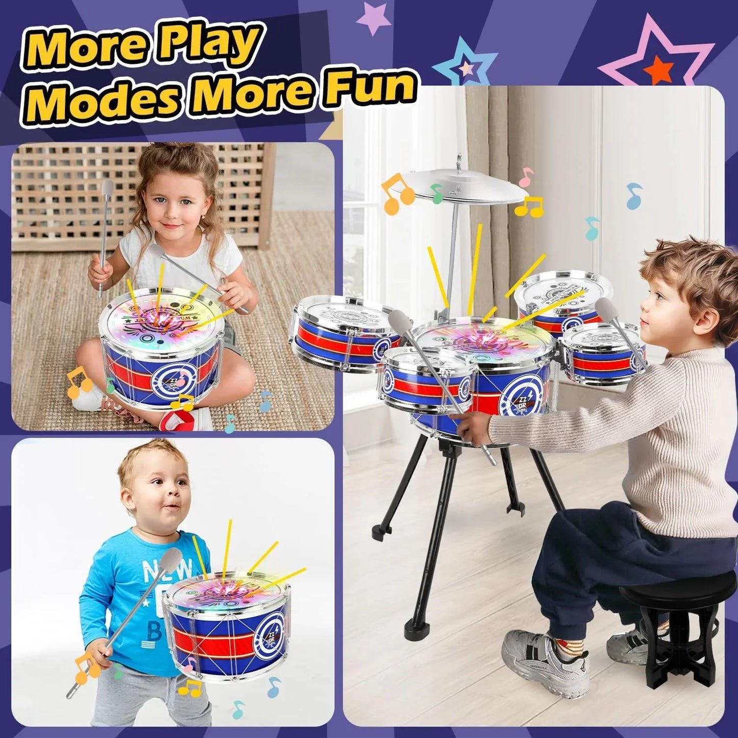 Unisex 3-5 Years Toy Musical Instruments with Stool Drum Sticks, Metal Plastic Blue - Pape'sShop