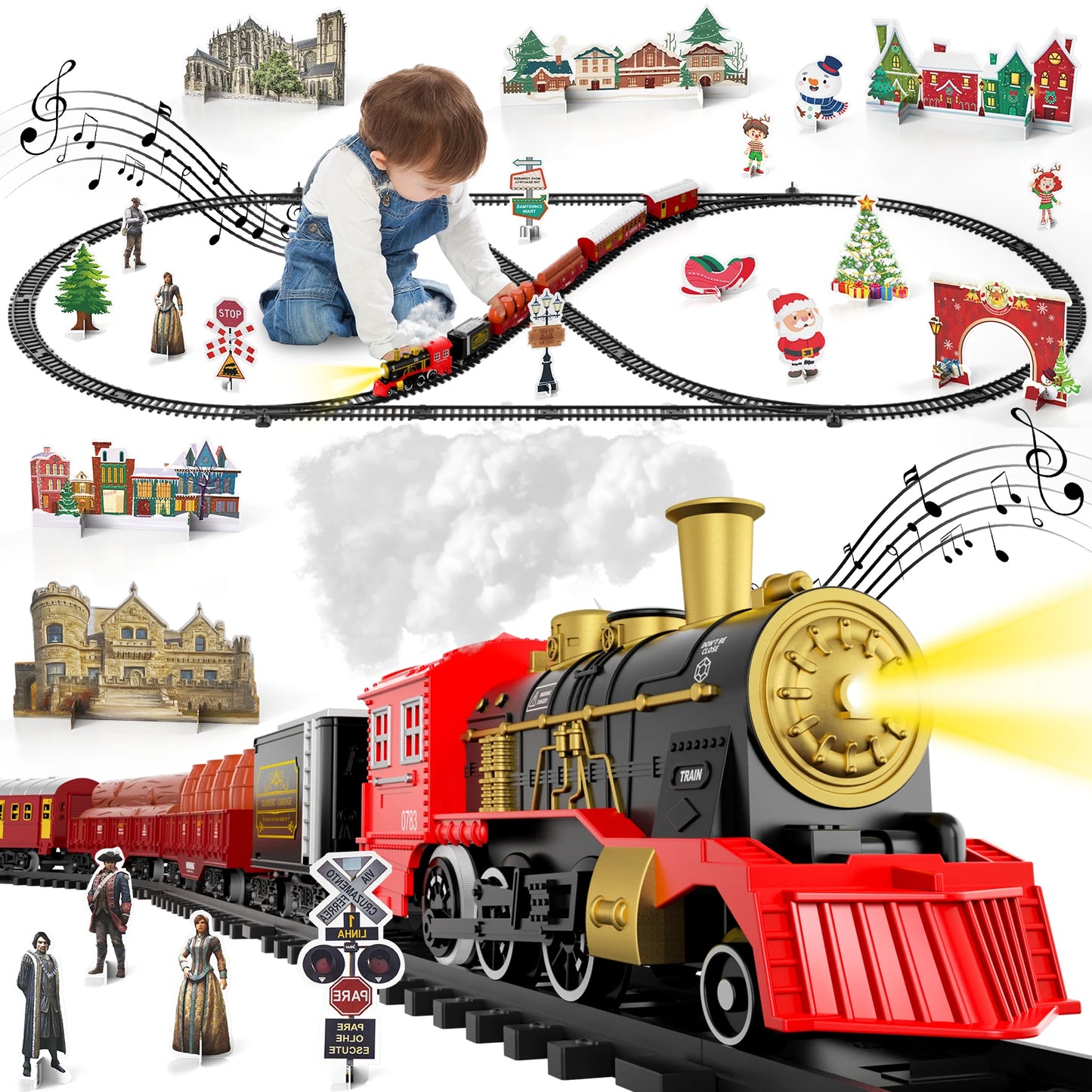 Train Set Toys For Kids Smokes Light & Sound Include 6 Car And 28 Tracks Red Train Sets Toys Birthday Gifts For 3 4 5 6 Year Old - Pape'sShop