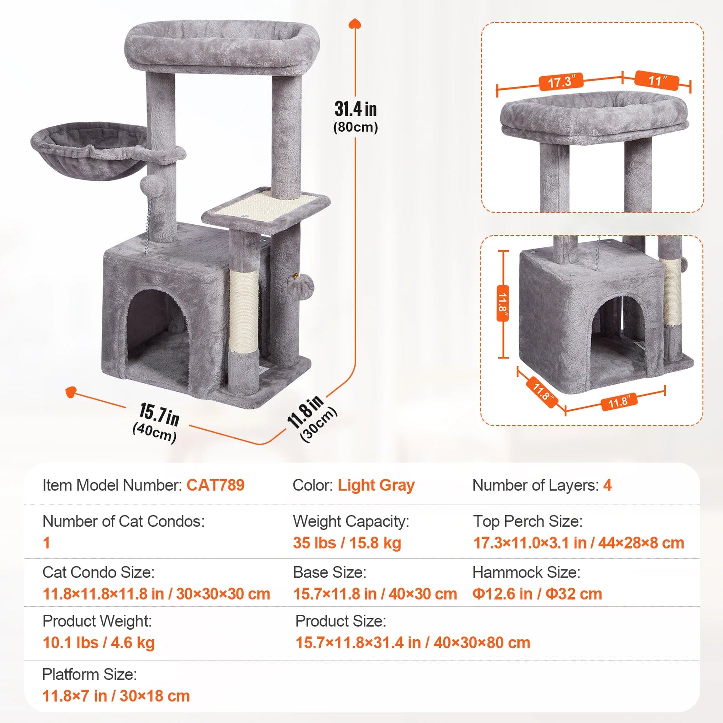 VEVOR Cat Tree for Indoor Cats 45.2" Cat Tower with Cat Condo Sisal Scratching Post HammockTop Perch Jumping Platforms Dark Grey - Pape'sShop
