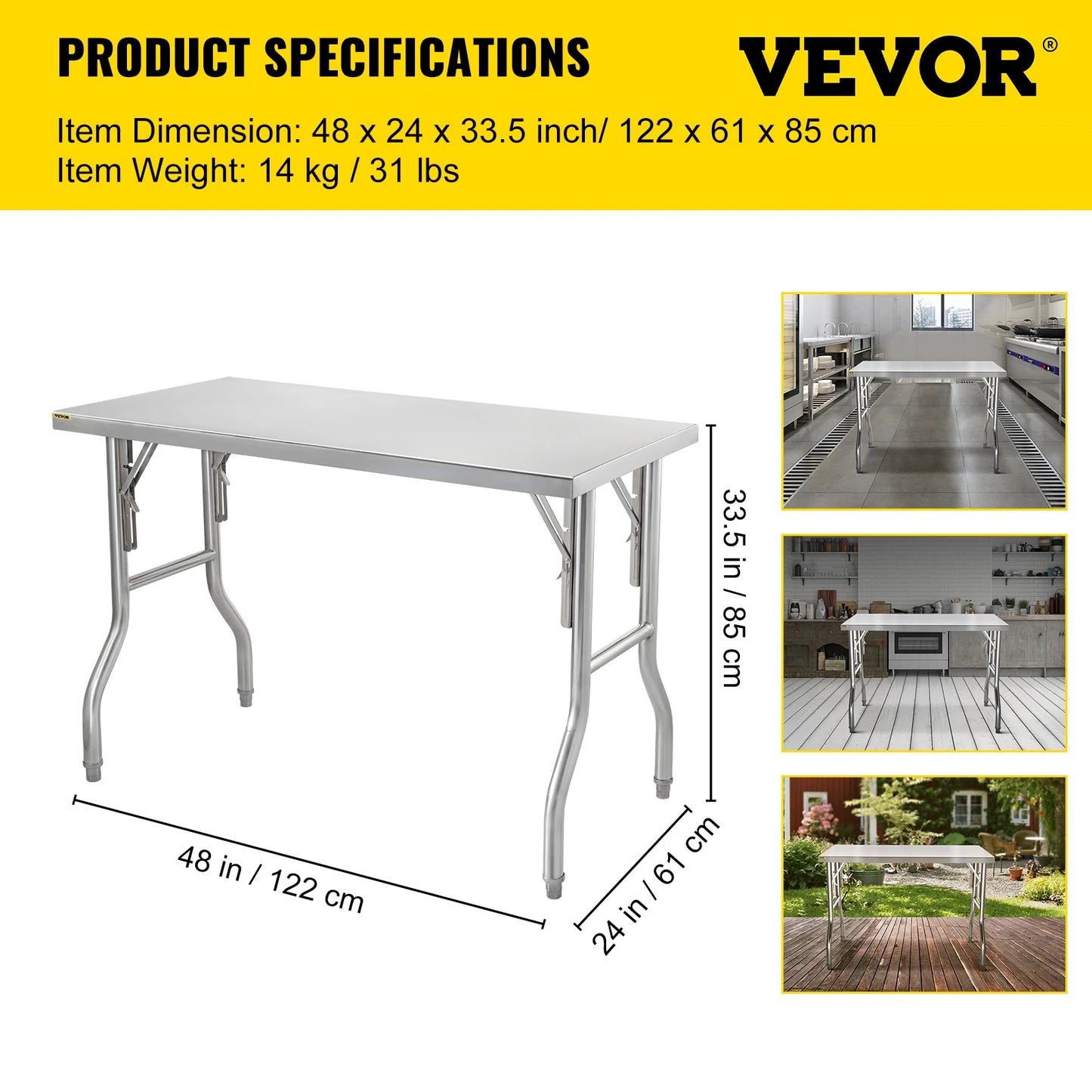 VEVOR Single/Double-Shelf Professional Stainless Steel Open Kitchen Folding Work Prep Tables Easy Storage for Home Commercial