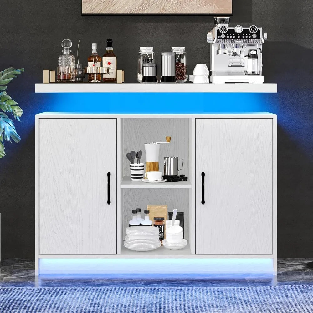 LED Lights Coffee Bar Cabinet with Storage, Sideboard Buffet Cabinet with Charging Station