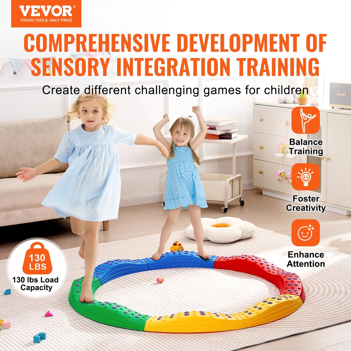 VEVOR Kids Balance Beam Toddler Stepping Stones Boards Non-Slip Sensory Training Montessori Toys for 2-6 Children's Gift Outdoor