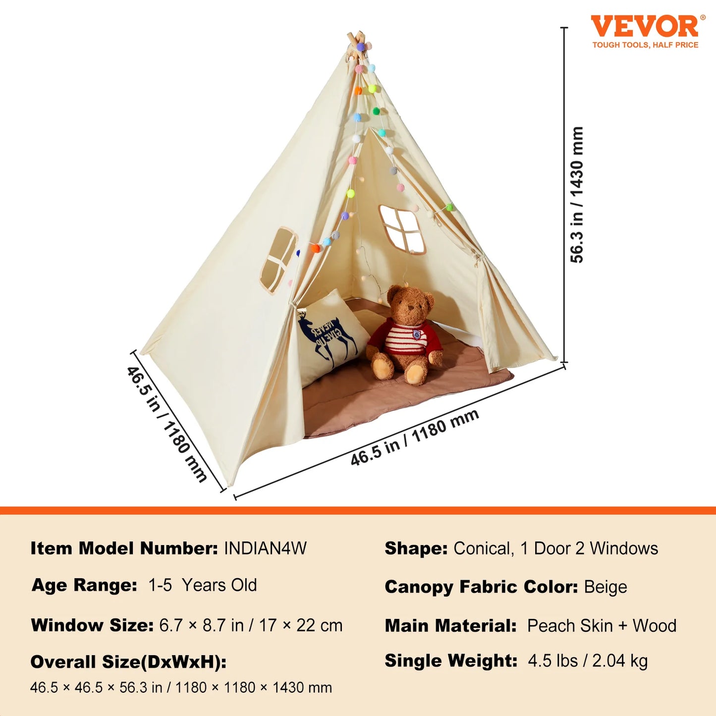VEVOR Kids Play Tent Teepee Tent for Kids 1-5 Years Old Tent for Kids with Windows for Indoor and Outdoor Toddler Tent - Pape'sShop