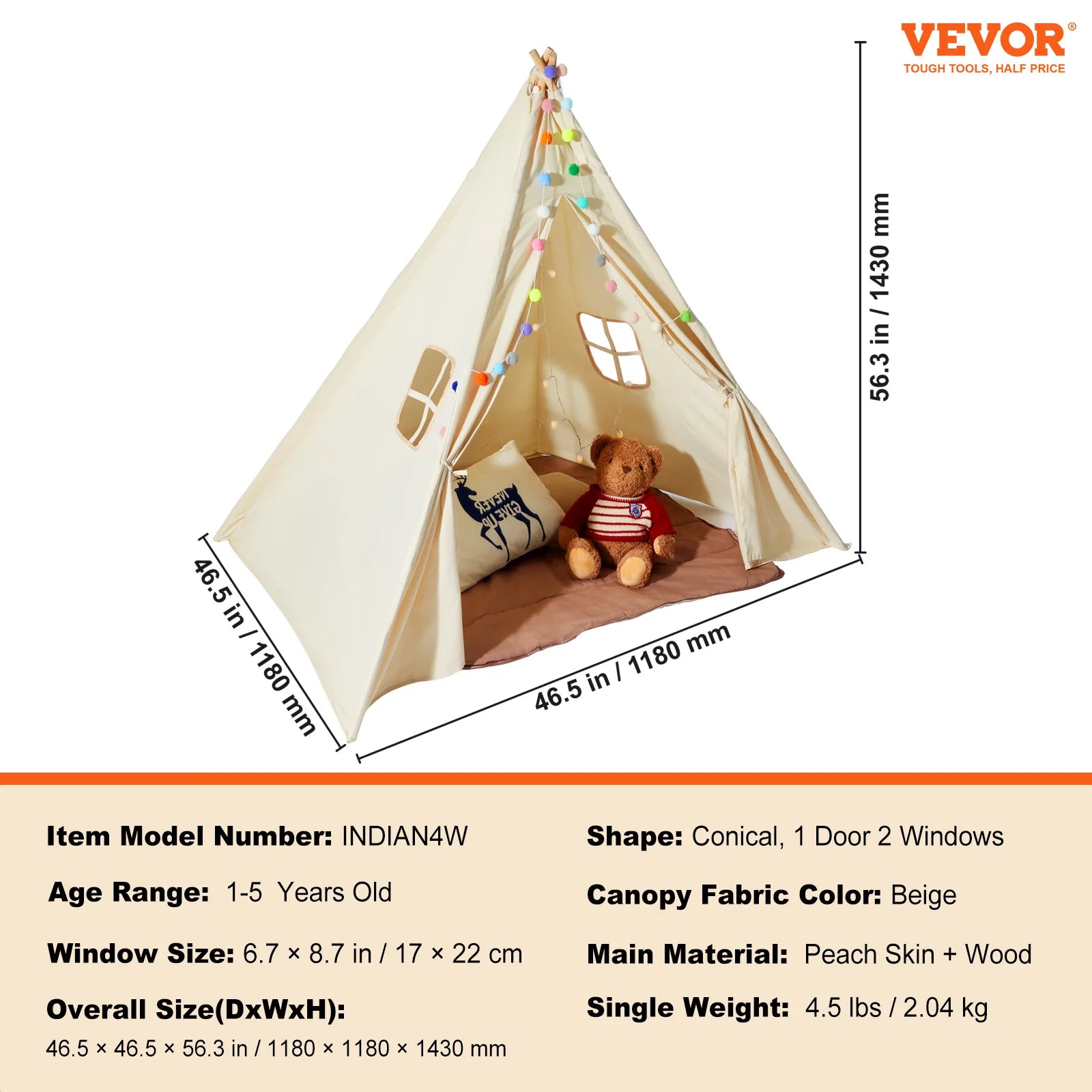 VEVOR Kids Play Tent Teepee Tent for Kids 1-5 Years Old Tent for Kids with Windows for Indoor and Outdoor Toddler Tent - Pape'sShop