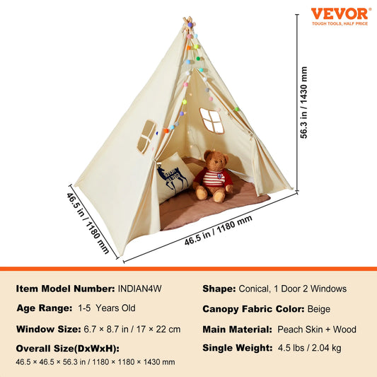 VEVOR Kids Play Tent Teepee Tent for Kids 1-5 Years Old Tent for Kids with Windows for Indoor and Outdoor Toddler Tent - Pape'sShop
