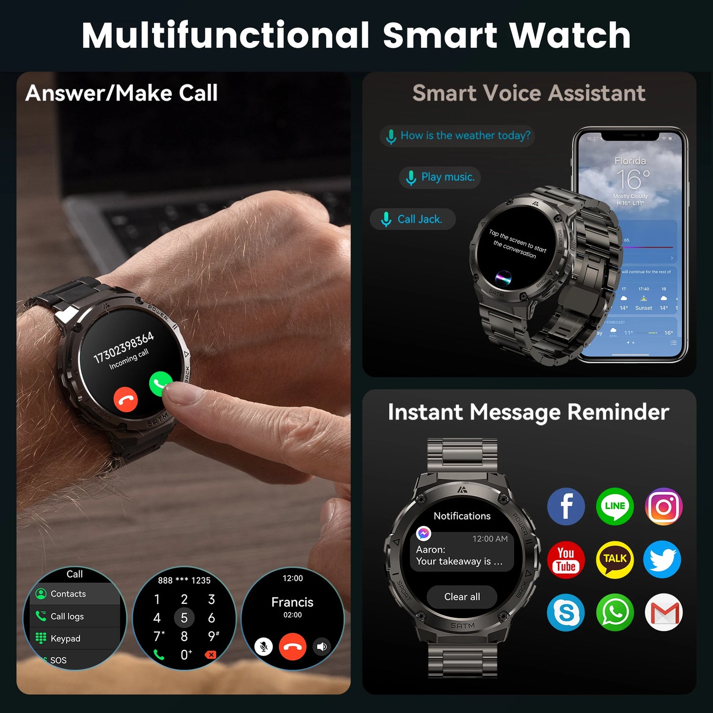 2025 AMAZTIM T3E GPS Smart Watch For Men Compass Altimeter 5ATM IP69K Waterproof 470mAh AMOLED Bluetooth Call Electronic Watches