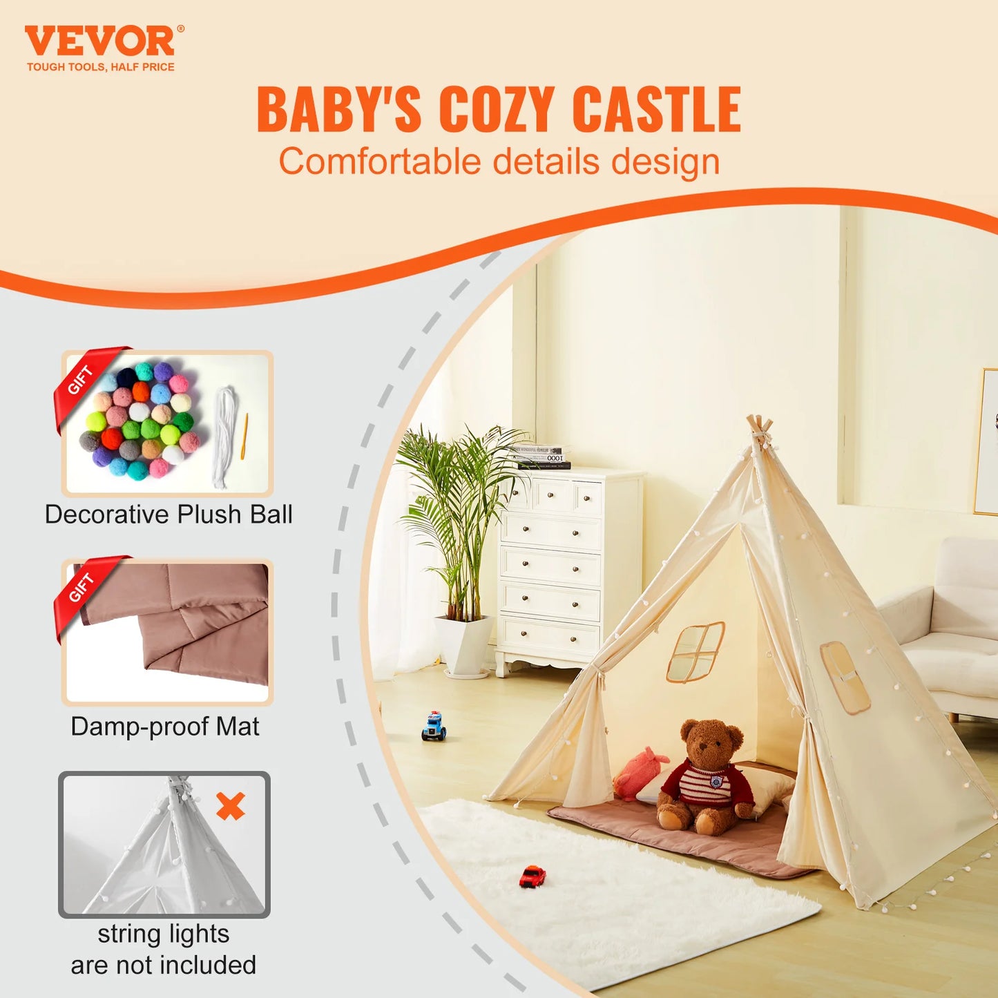 VEVOR Kids Play Tent Teepee Tent for Kids 1-5 Years Old Tent for Kids with Windows for Indoor and Outdoor Toddler Tent - Pape'sShop