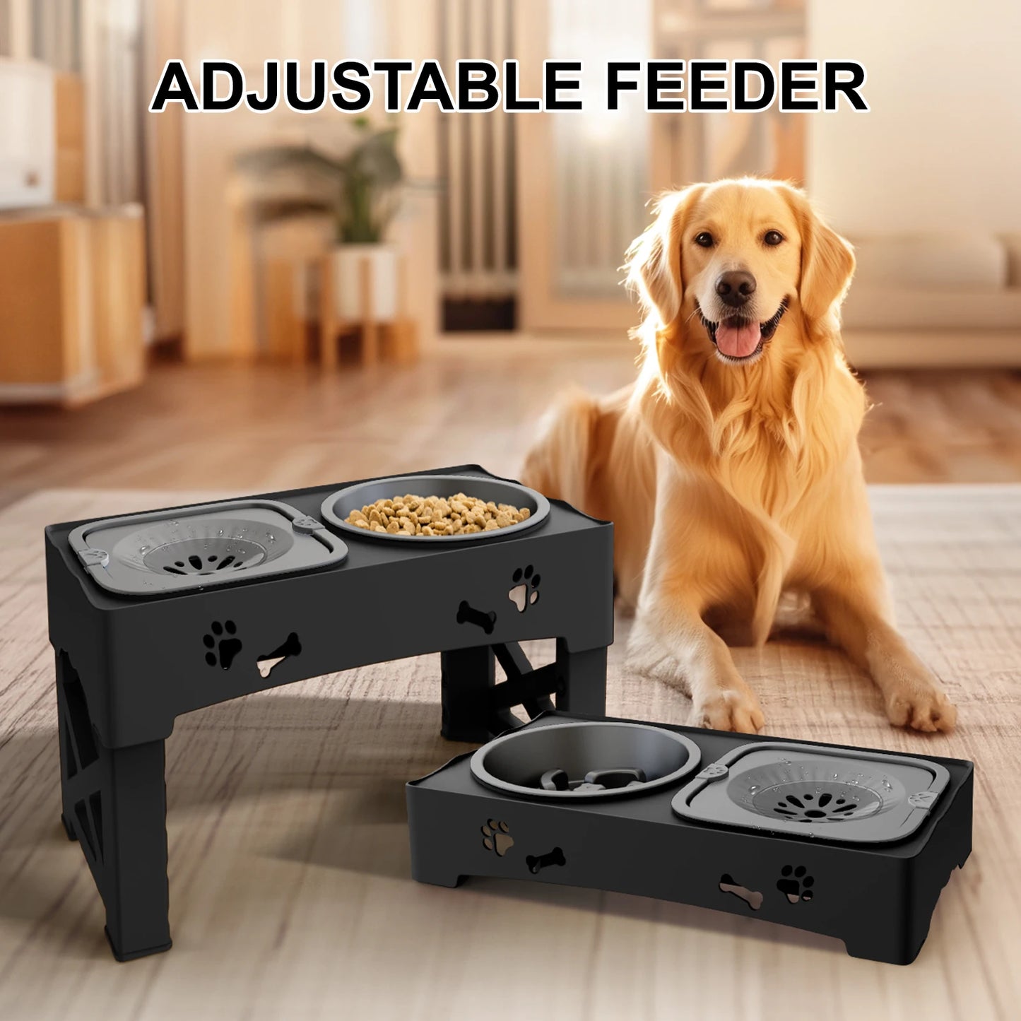 3 In 1 Pet Feeder Slow Feed Bowls Double Bowls Foldable With 5 Adjustable Height Suitable For Pets Of Different Heights - Pape'sShop